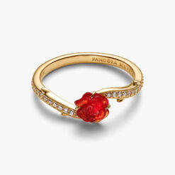 PANDORA - Disney, La Bella e La Bestia, Anello Rosa Incantata Vetro di Murano Placcatura in Oro 14k