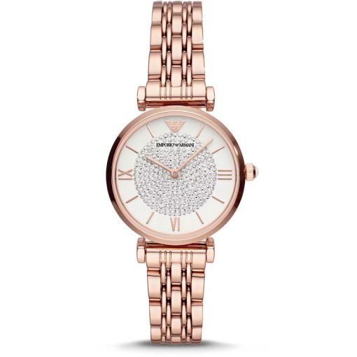 ARMANI - OROLOGIO DONNA - SOLOTEMPO IN ACCIAIO INOSSIDABILE CON FINITURA LUCIDA DI COLORE ORO ROSA QUADRANTE DI COLORE BIANCO E IMPREZIOSITO DA CRISTALLI