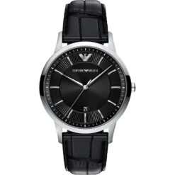 ARMANI - Orologio al quarzo in acciaio inossidabile con datario e pelle nera - AR11826