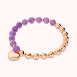 BRONZALLURE - Bronzallure - Bracciale Elastico con Bead Lucide Pietre Naturali Viola e Ciondolo Cuore