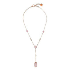 BRONZALLURE - Collana a Cravatta con Pietre Effetto Occhio di Gatto e Perle d'Acqua Dolce Rosa